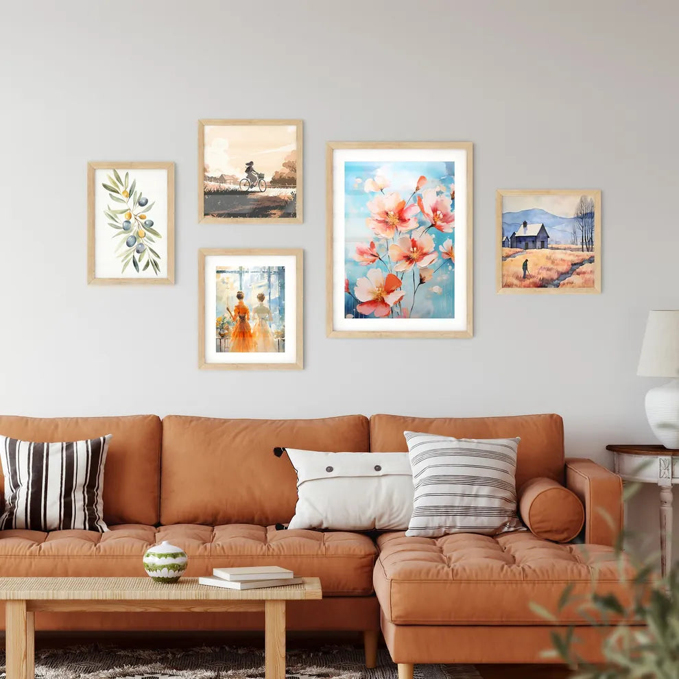 A Painting Of Flowers On A Blue Backgroun Framed Print