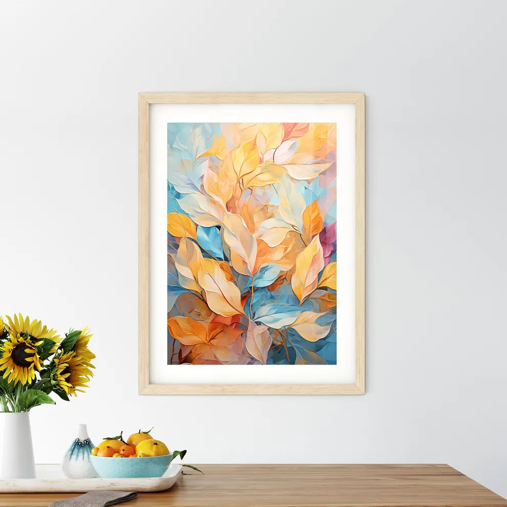 A Painting Of Leaves On A Blue Backgroun - Kitchen Hangings