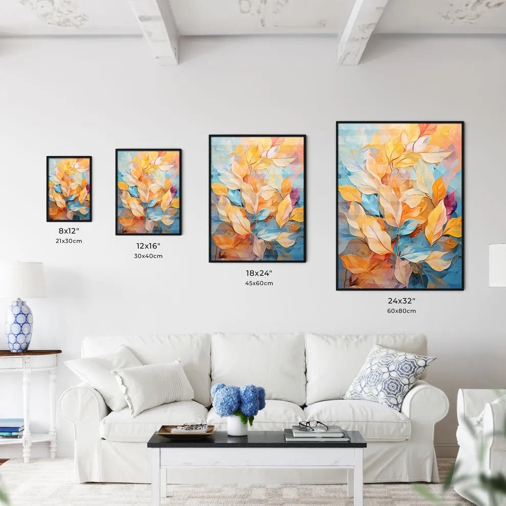 A Painting Of Leaves On A Blue Backgroun Wall Art