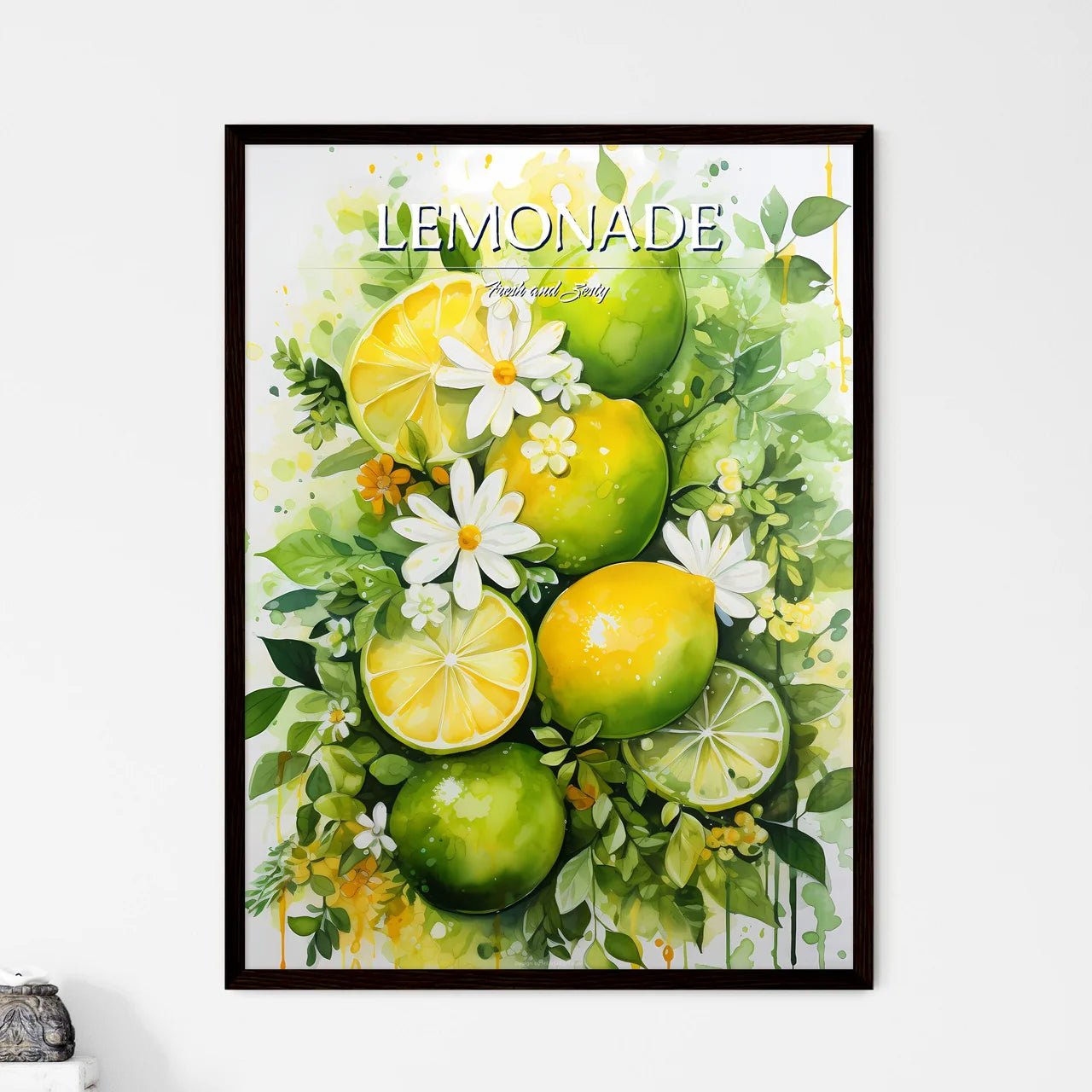 A Painting Of Lemons And Flower - Framed Art Print