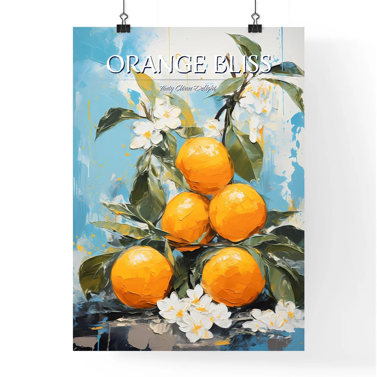 A Painting Of Oranges On A Branch With White Poster