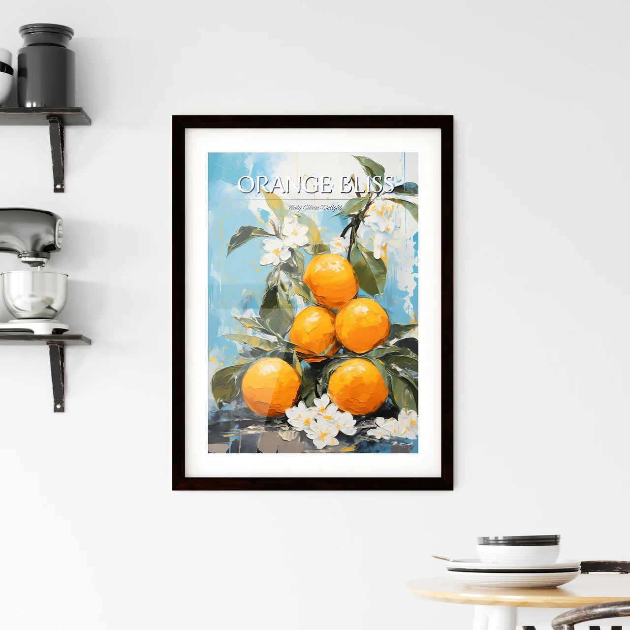 A Painting Of Oranges On A Branch With White Framed Print