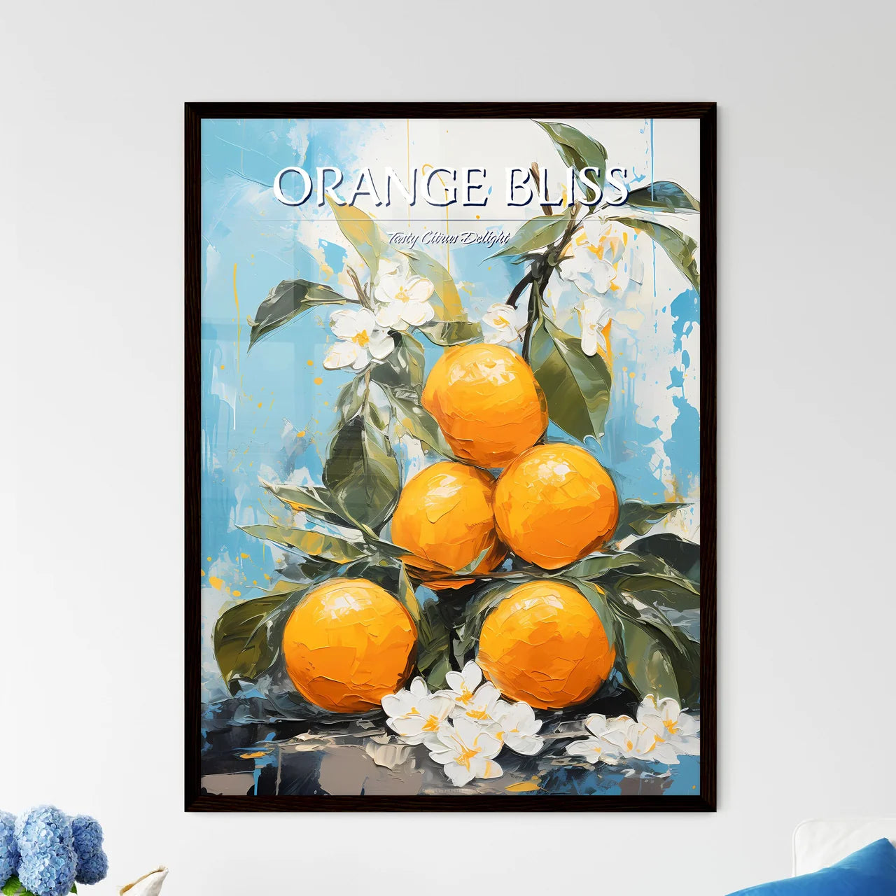 A Painting Of Oranges On A Branch With White - Framed Art Print