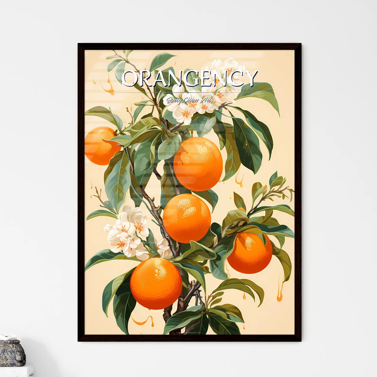 A Painting Of Oranges On A Tre - Framed Art Print