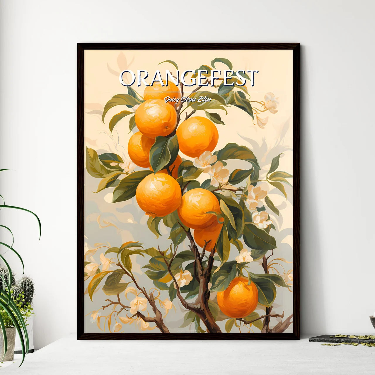 A Painting Of Oranges On A Tre - Framed Art Print