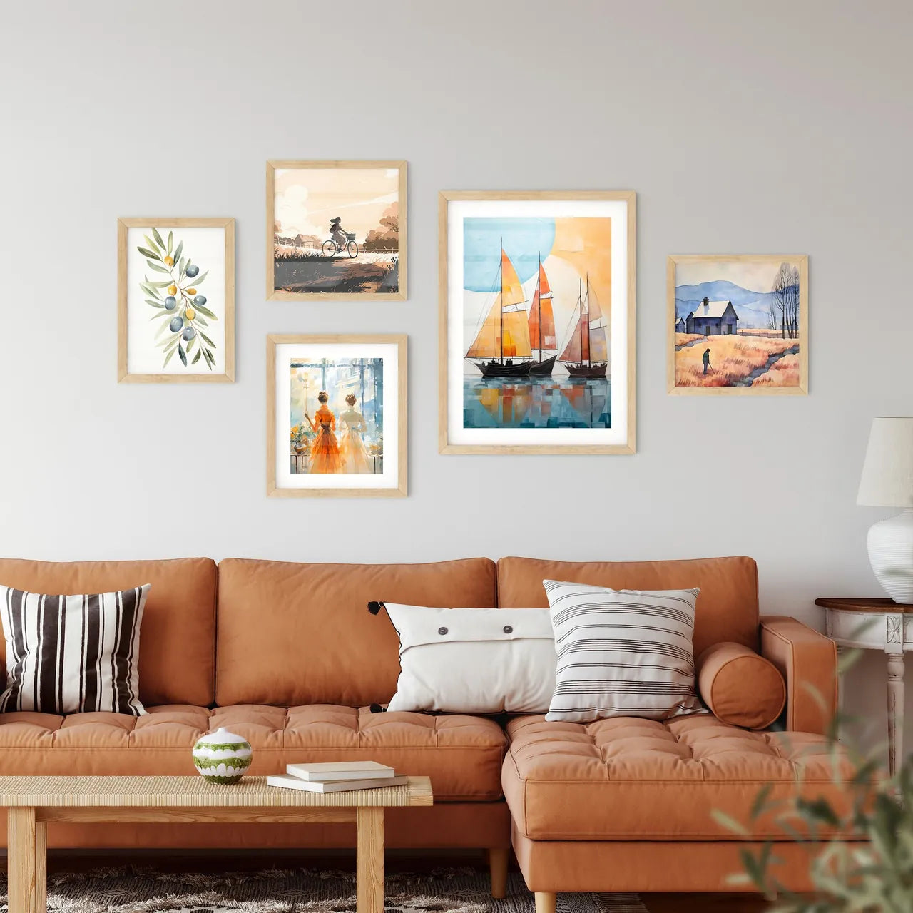 A Painting Of Sailboats On Wate Framed Print