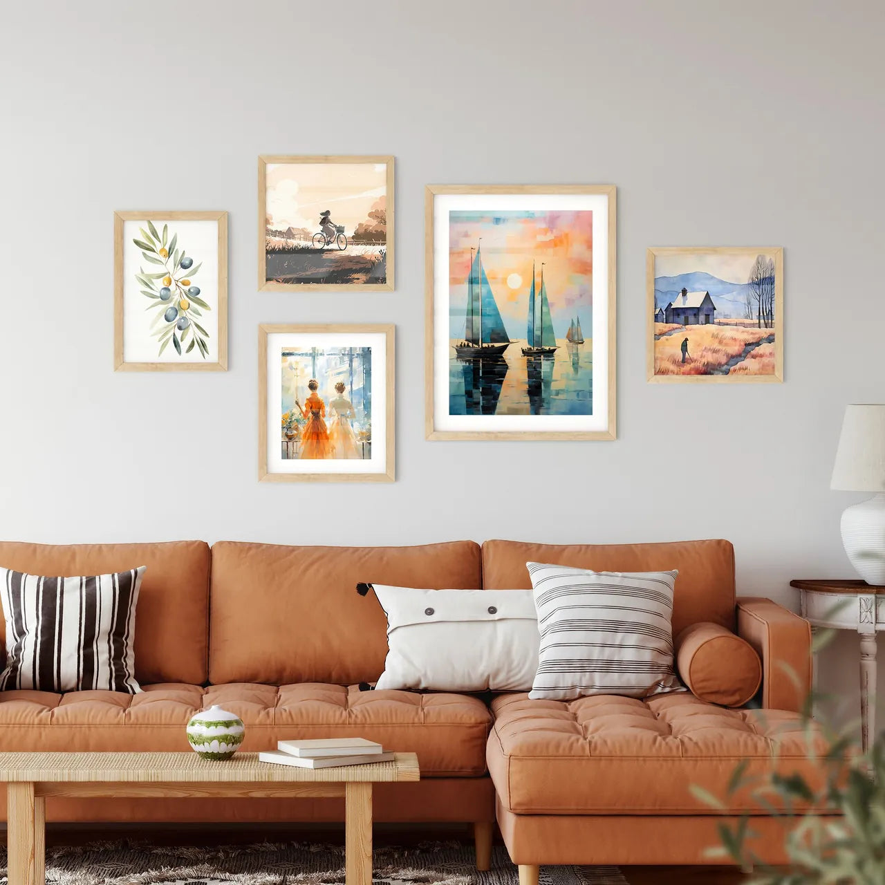 A Painting Of Sailboats On Wate Framed Print