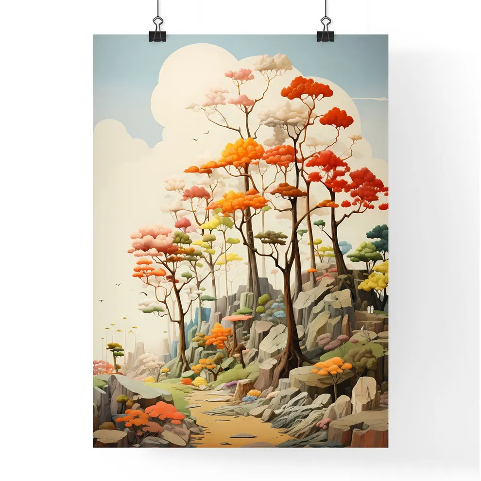 A Painting Of Trees On A Rocky Hill Poster