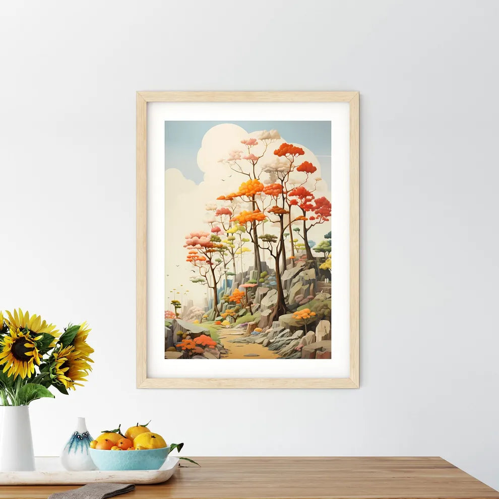 A Painting Of Trees On A Rocky Hill Size Chart