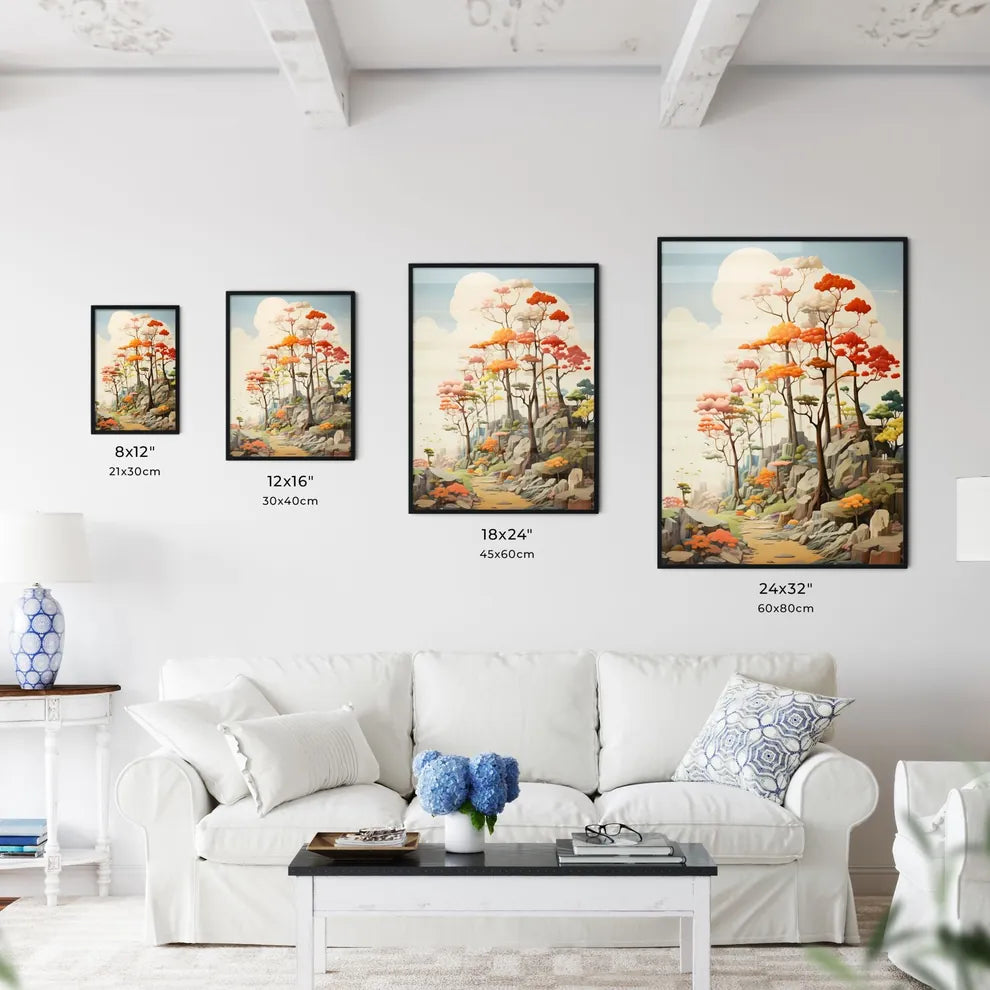 A Painting Of Trees On A Rocky Hill Interior Design