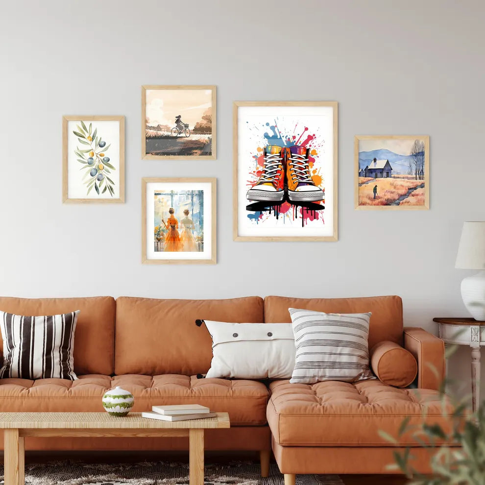 A Pair Of Shoes With Paint Splatter Framed Print
