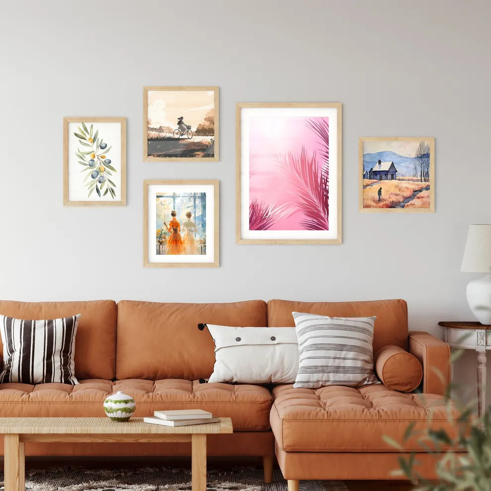 A Pink Background With Palm Leave Framed Print