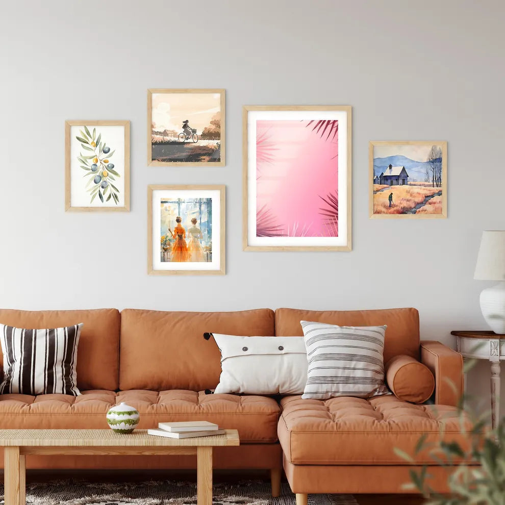 A Pink Background With Palm Leave Framed Print