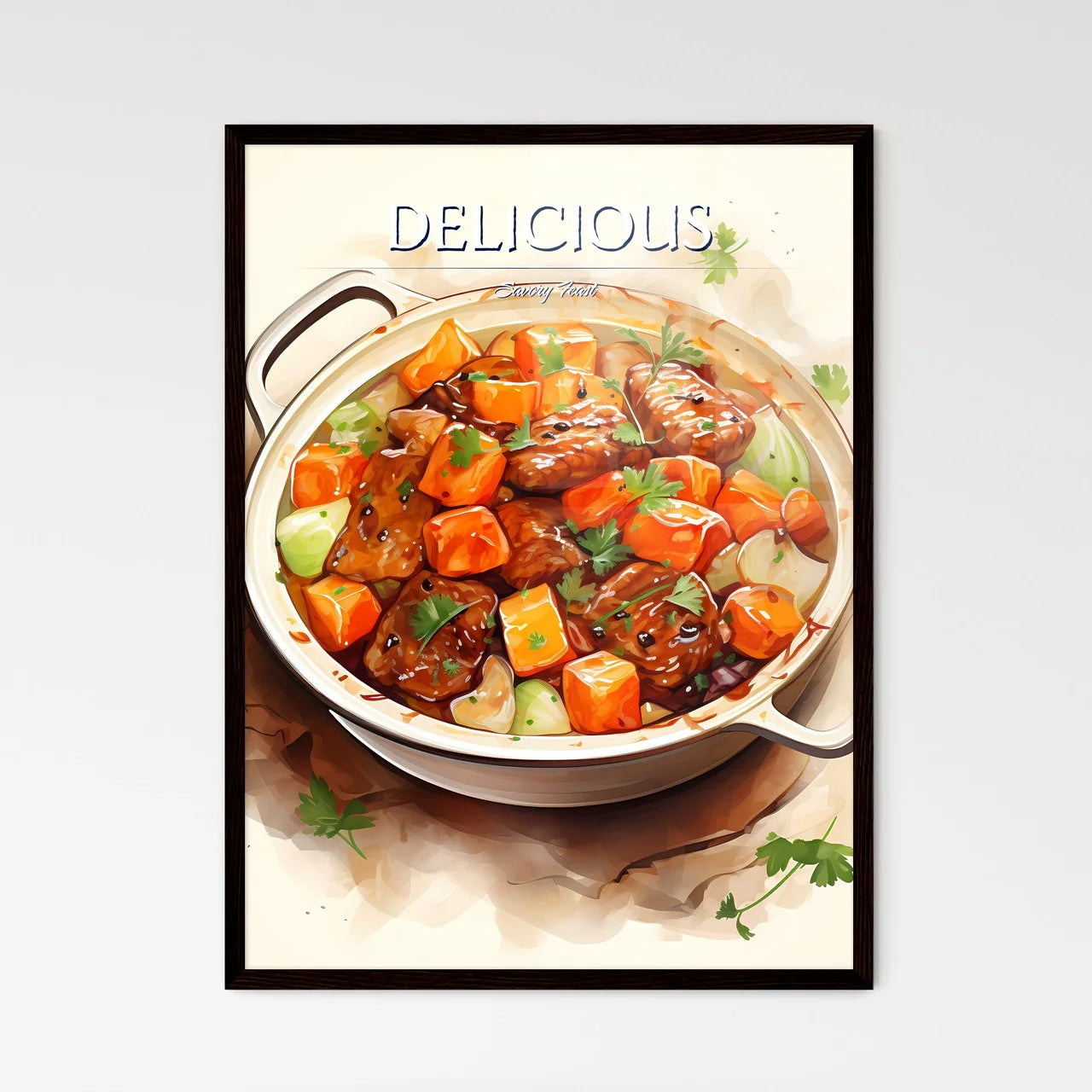 A Pot Of Food With Meat And Vegetable - Framed Art Print