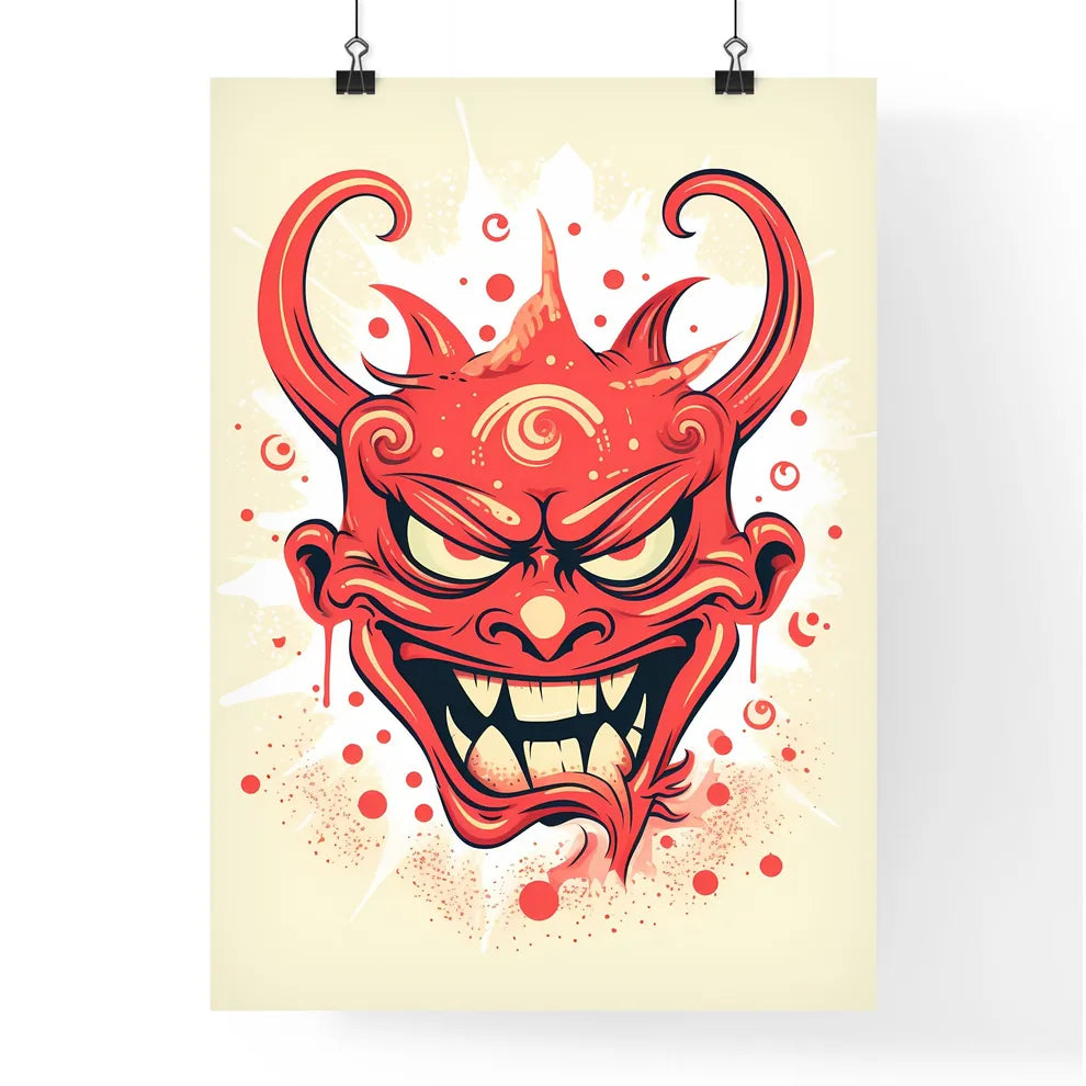 A Red Cartoon Face With Horns Poster