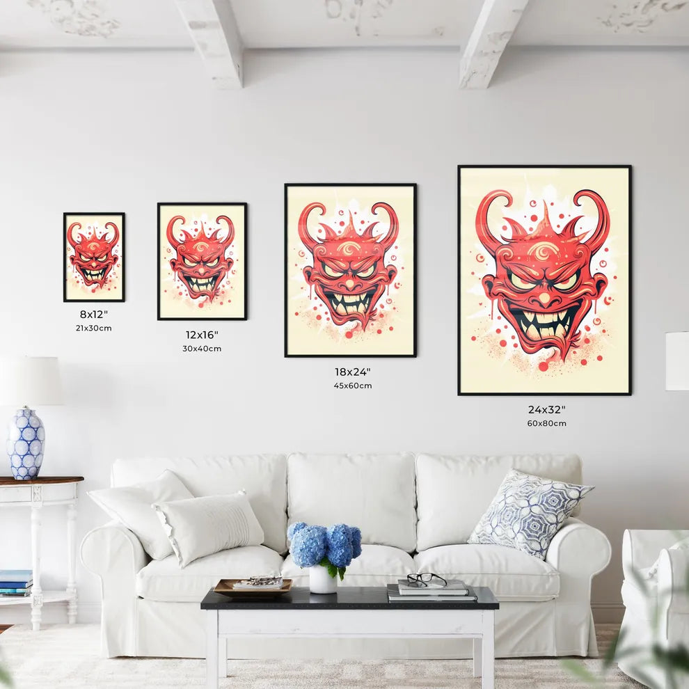 A Red Cartoon Face With Horns Art Print