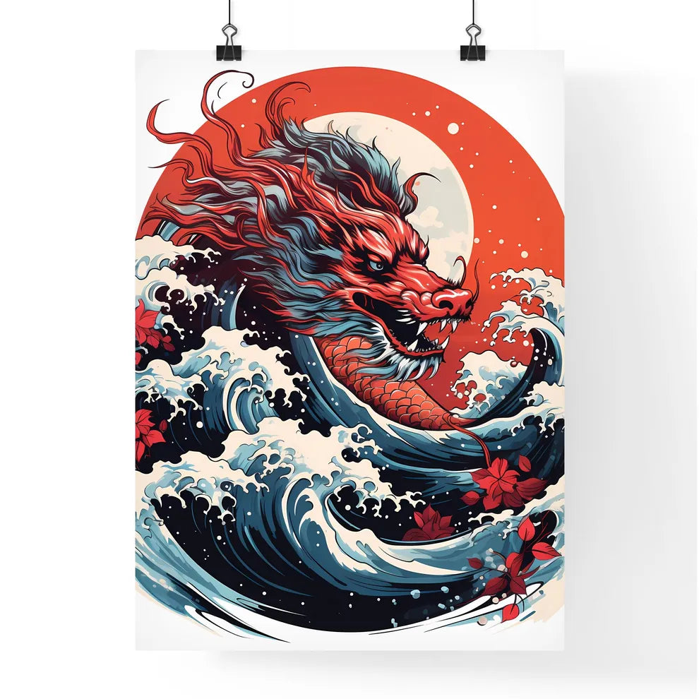 A Red Dragon With Waves And F Poster