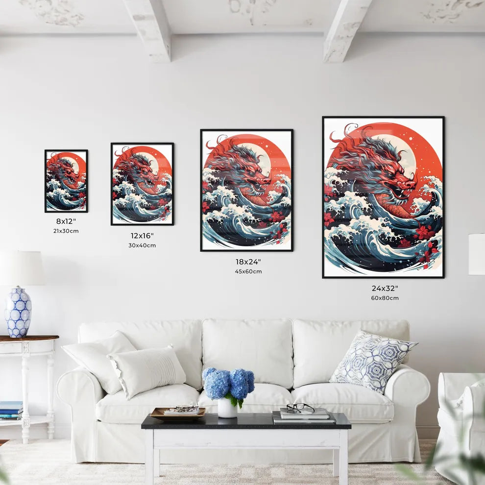 A Red Dragon With Waves And F Art Print