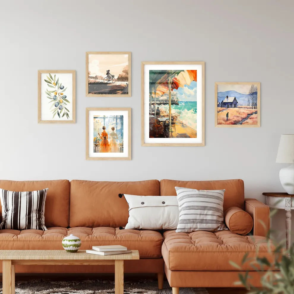 A Restaurant With Tables And Chairs On A Bea Framed Print