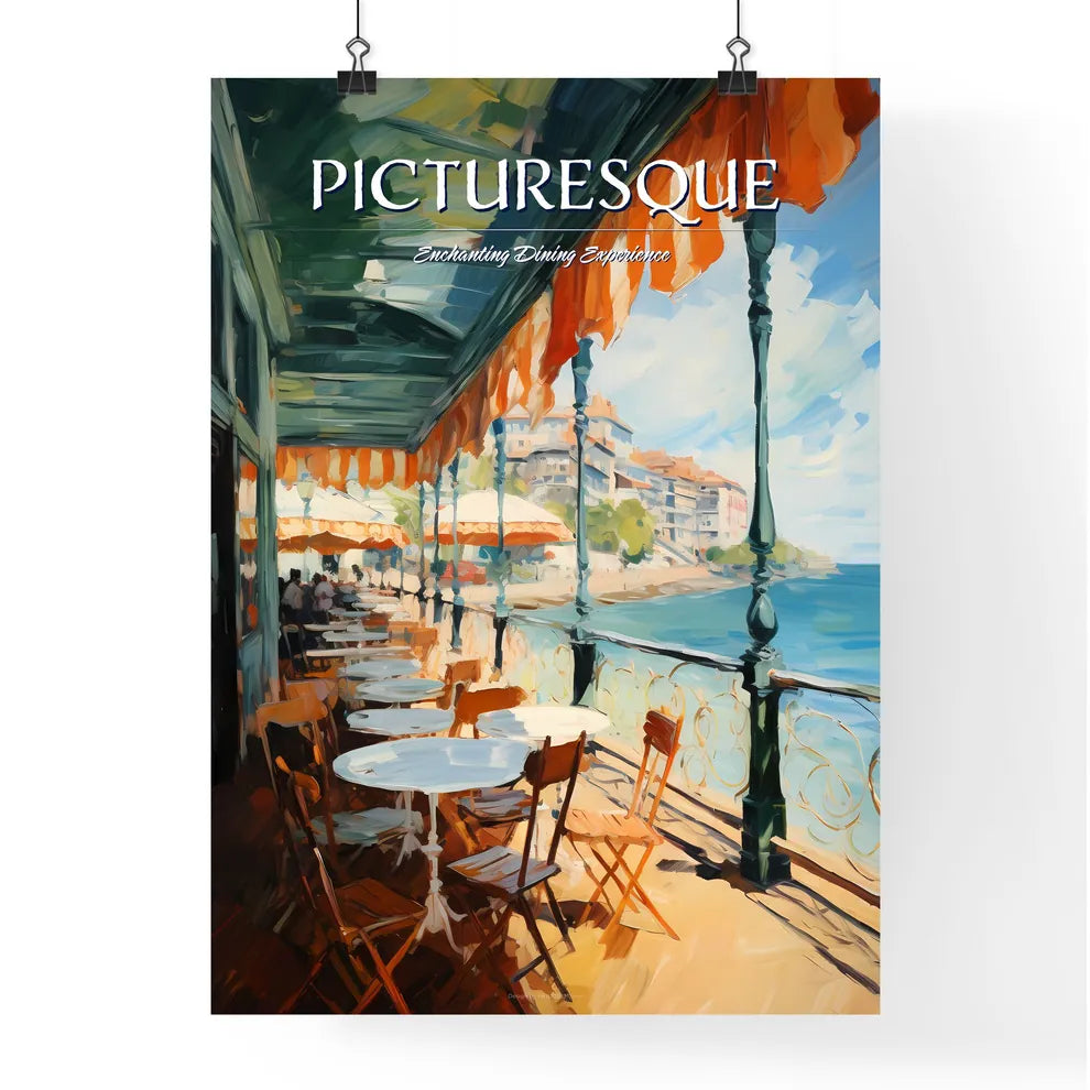 A Restaurant With Tables And Chairs On A Deck Overlooking The Water Poster