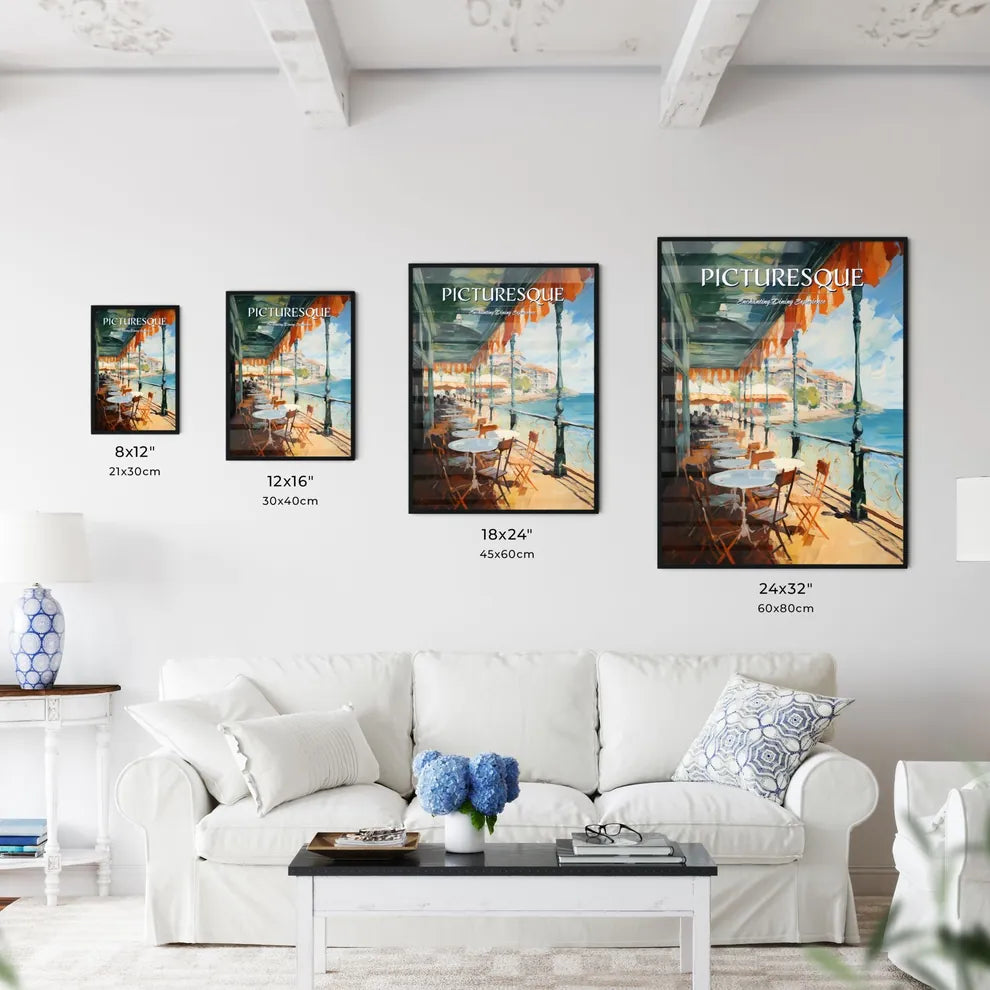 A Restaurant With Tables And Chairs On A Deck Overlooking The Water Size Chart