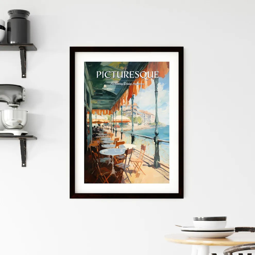 A Restaurant With Tables And Chairs On A Deck Overlooking The Water Custom Print