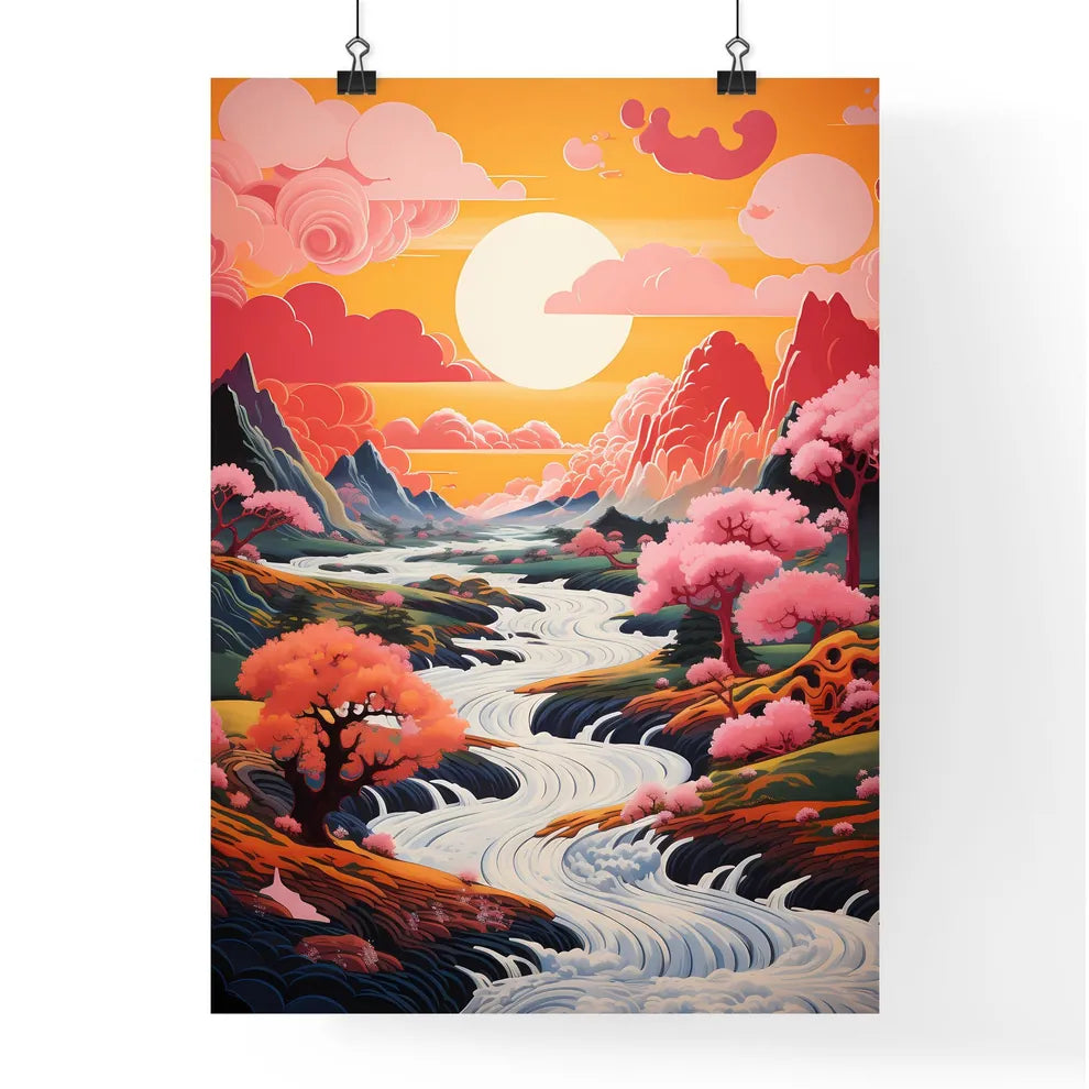 A River Running Through A Valley With Trees  Poster