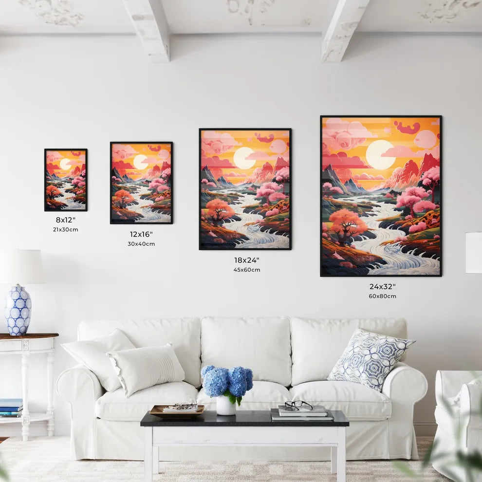 A River Running Through A Valley With Trees  Wall Art