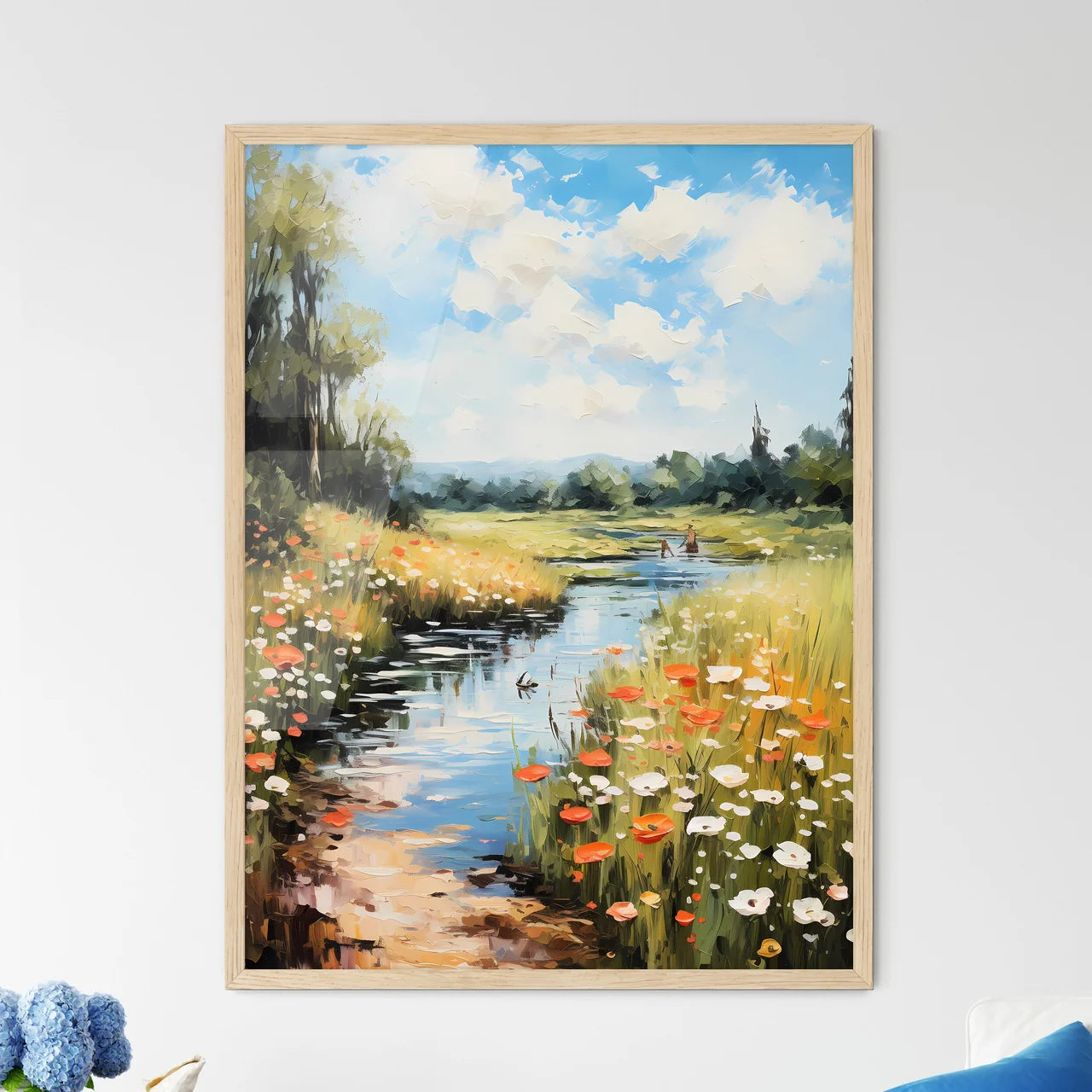 A River With Flowers And Tree - Framed Art Print