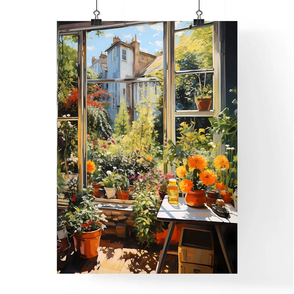 A Room With A Table And Potted Plants Poster