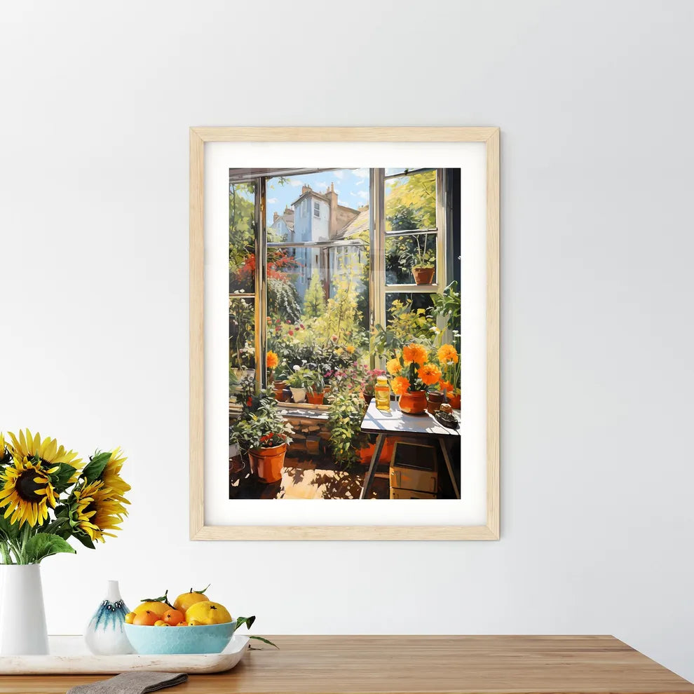 A Room With A Table And Potted Plants Size Chart