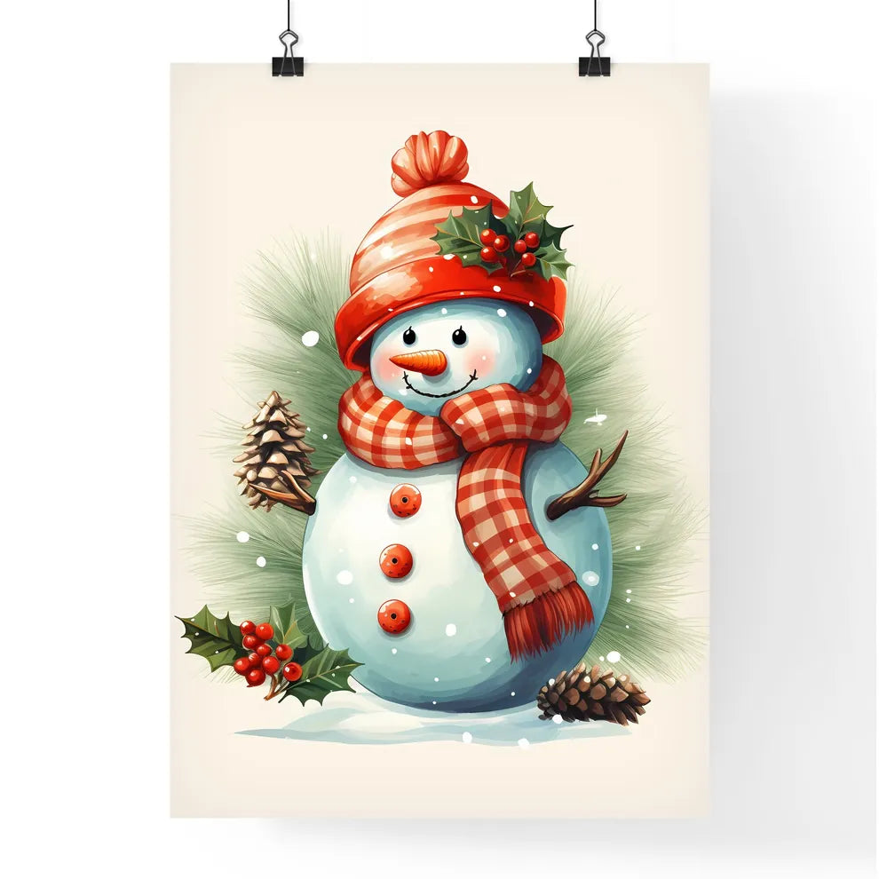 A Snowman With A Scarf And Pinecone Poster