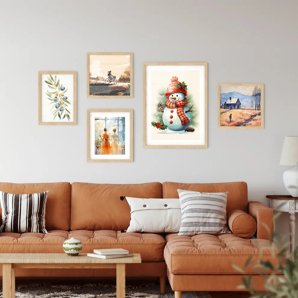 A Snowman With A Scarf And Pinecone Framed Print