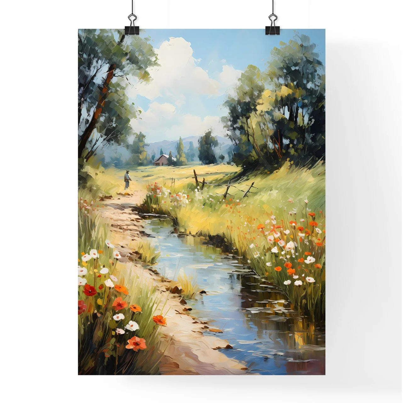 A Stream Of Water With Flowers And A Person  Poster