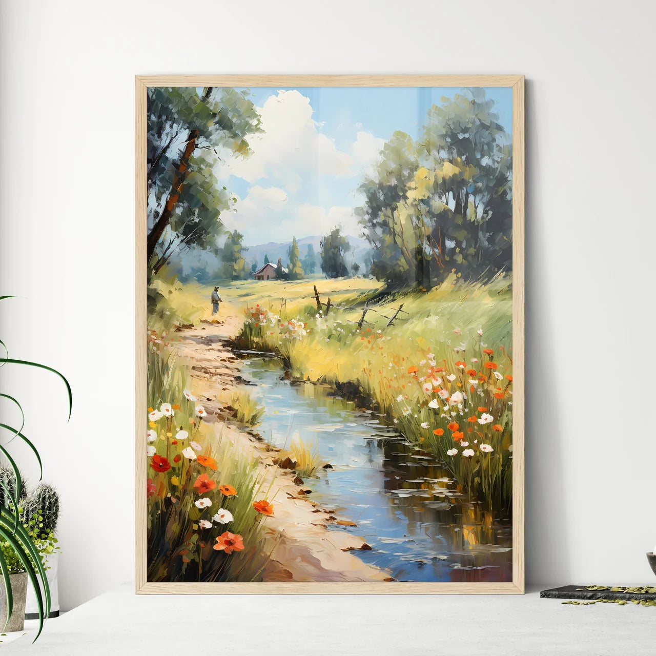 A Stream Of Water With Flowers And A Person  - Framed Art Print