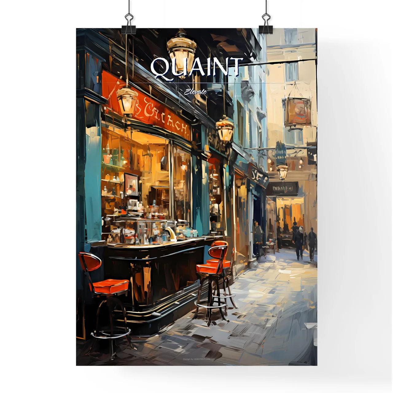 A Street With A Bar And Chairs Poster