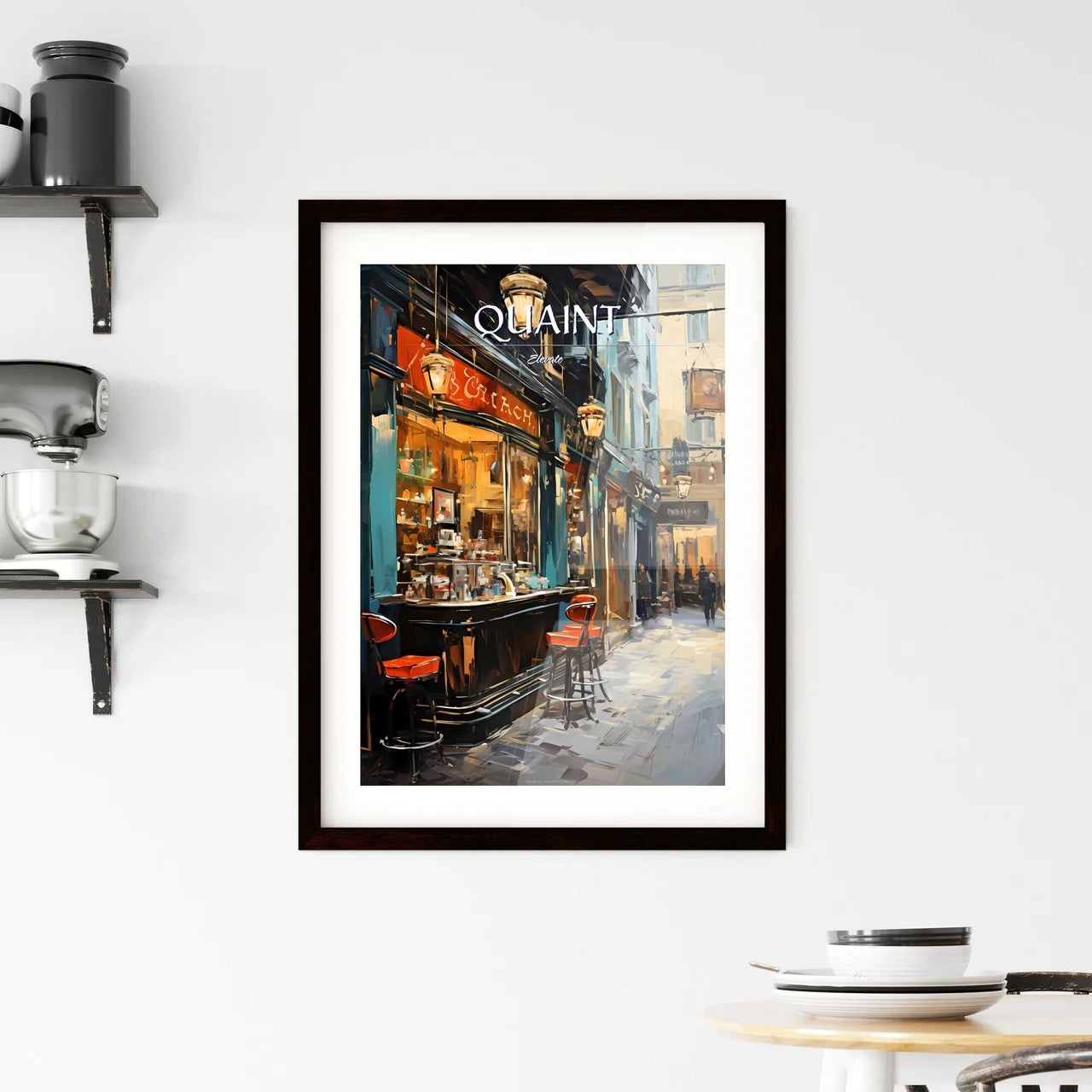 A Street With A Bar And Chairs Custom Print