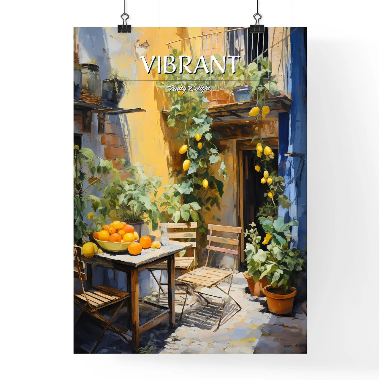 A Table And Chairs In A Courtyard With Fruit Poster