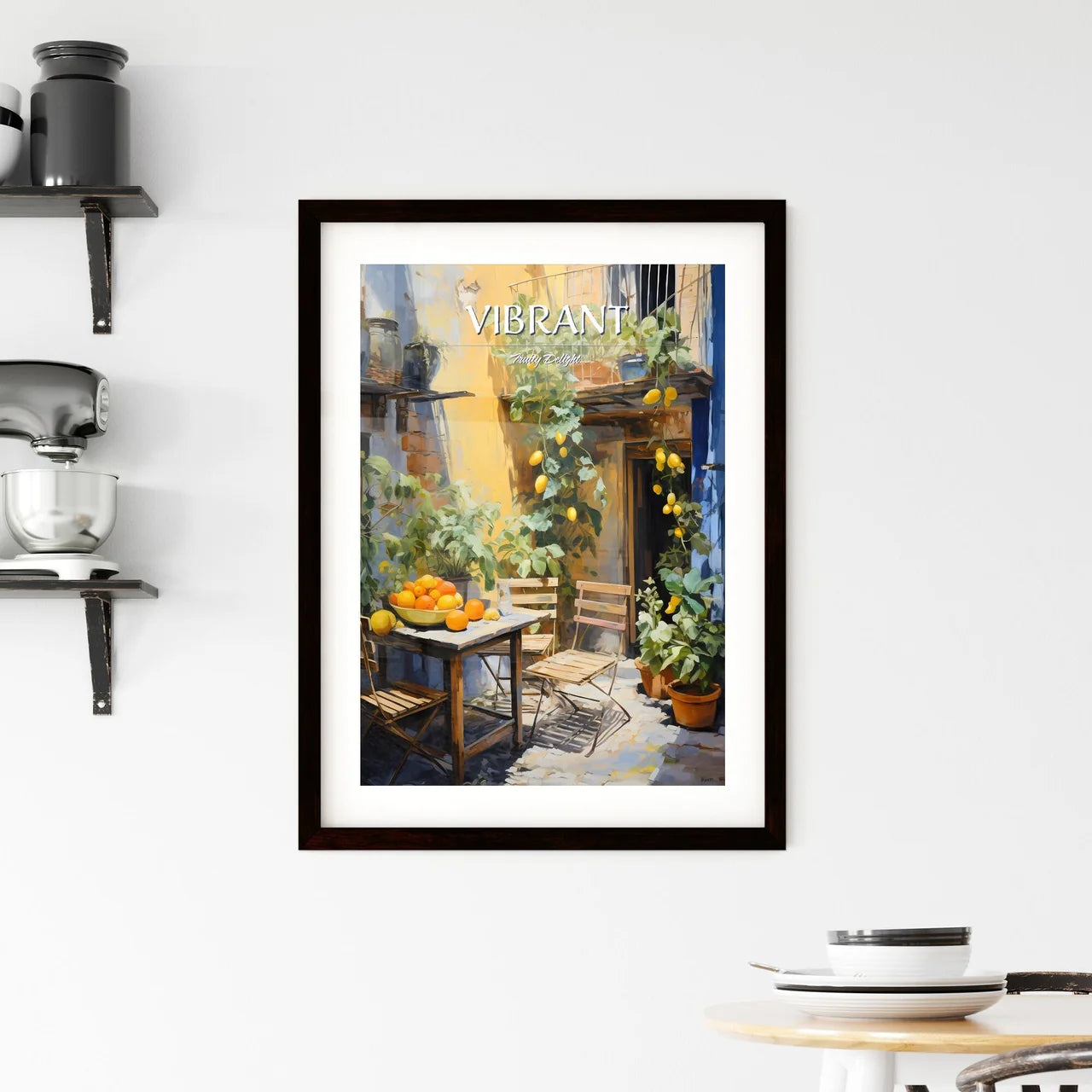 A Table And Chairs In A Courtyard With Fruit Custom Print