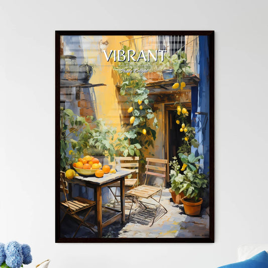 A Table And Chairs In A Courtyard With Fruit Framed Art
