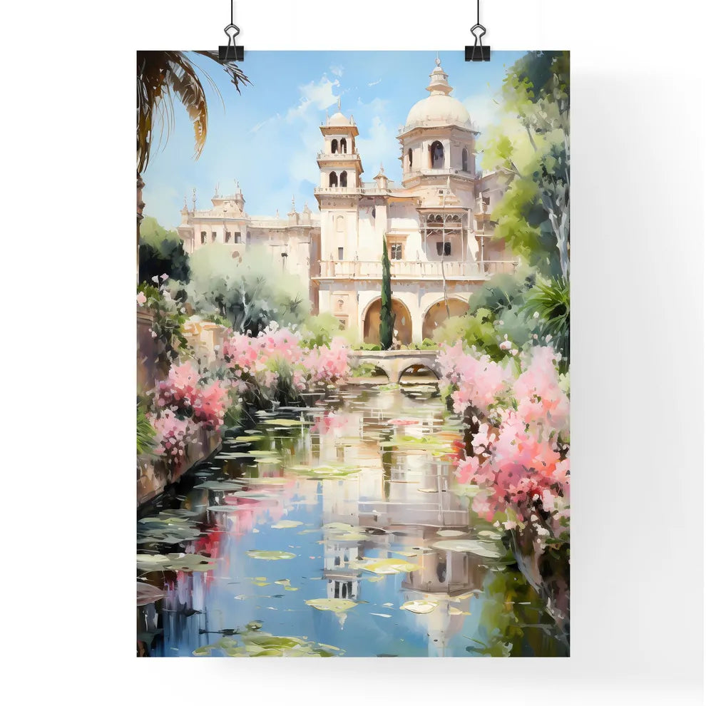 A Water Canal With A Castle And Trees Poster