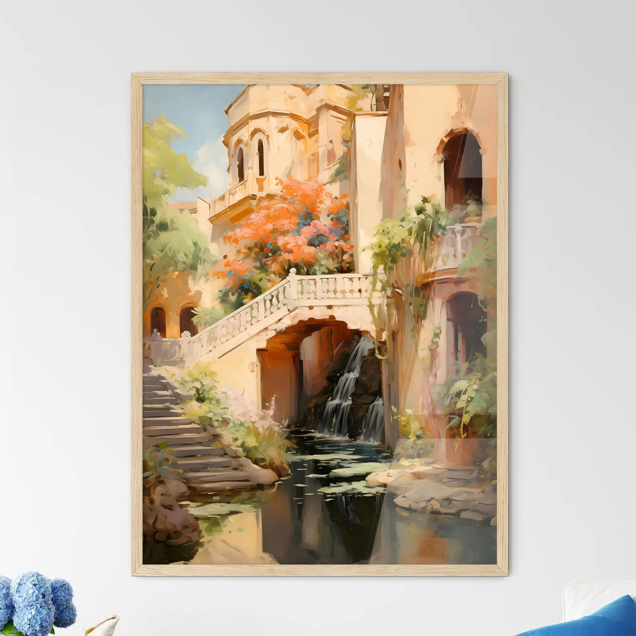 A Water Fall Between Buildings Framed Art