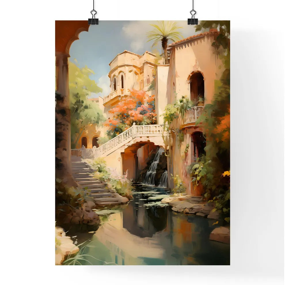 A Water Way With A Bridge And A Building Poster