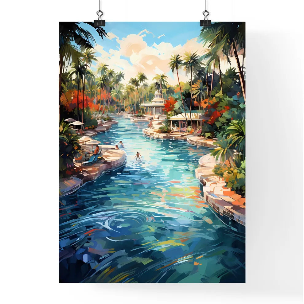 A Water Way With Palm Trees And People Swimm Poster