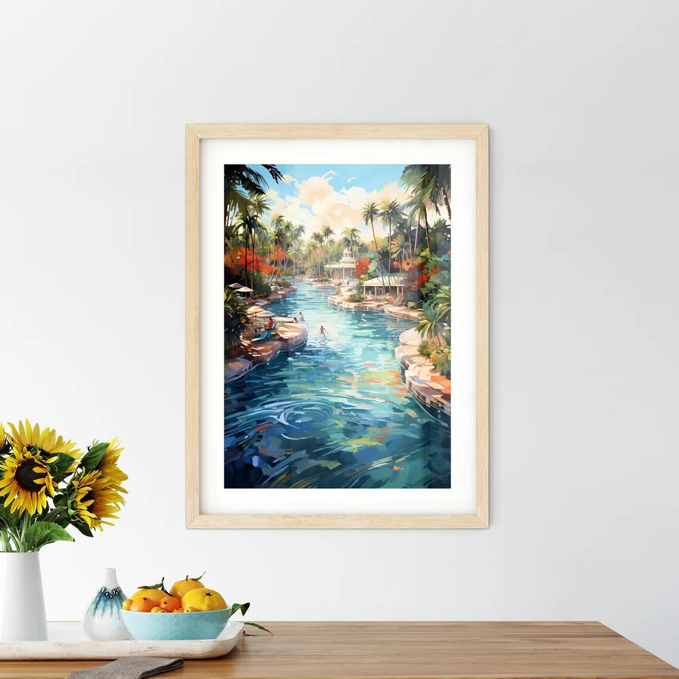 A Water Way With Palm Trees And People Swimm - Kitchen Hangings