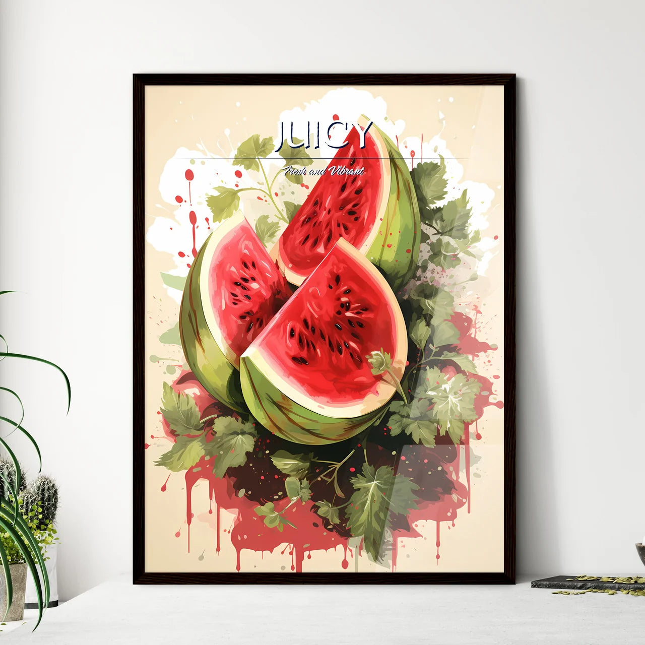 A Watermelon With Leaves And Red Spot - Framed Art Print