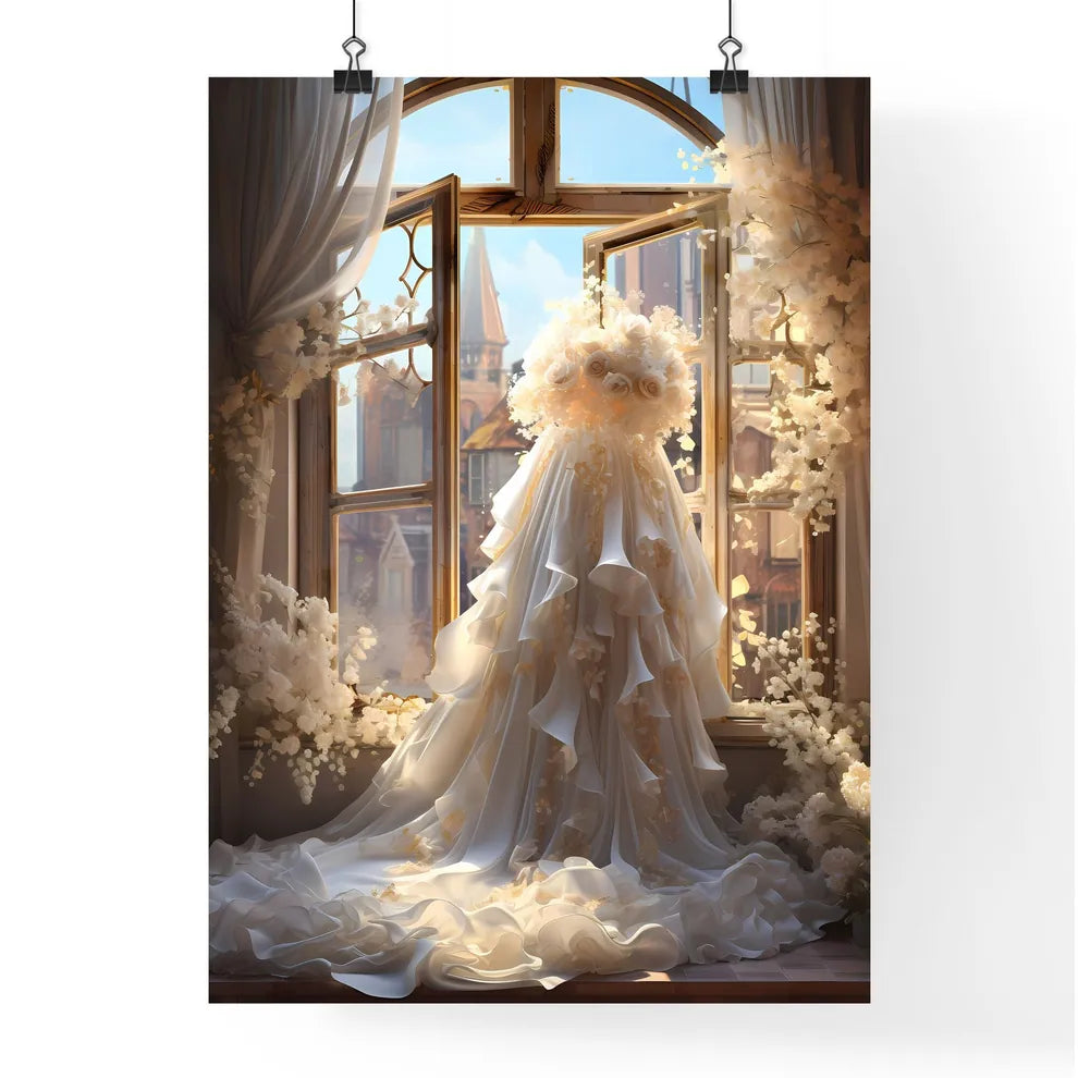 A Wedding Dress In Front Of A Windo Poster