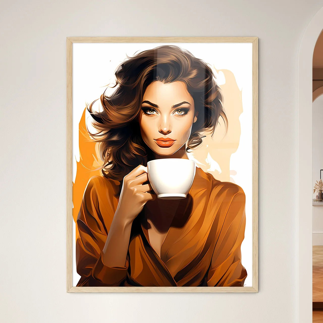A Woman Holding A White Cu - Framed Art Print
