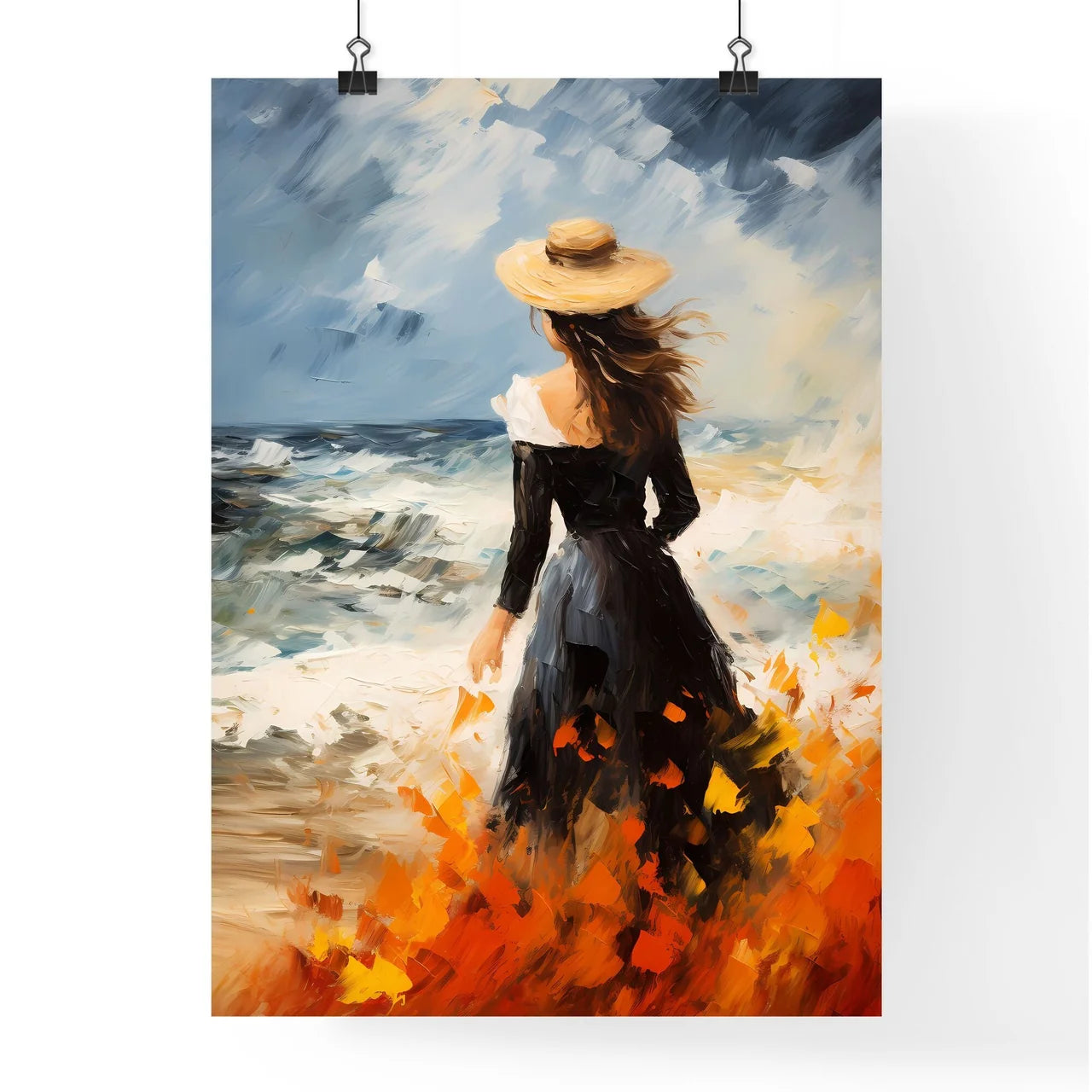 A Woman In A Black Dress And Hat Walking On  Poster