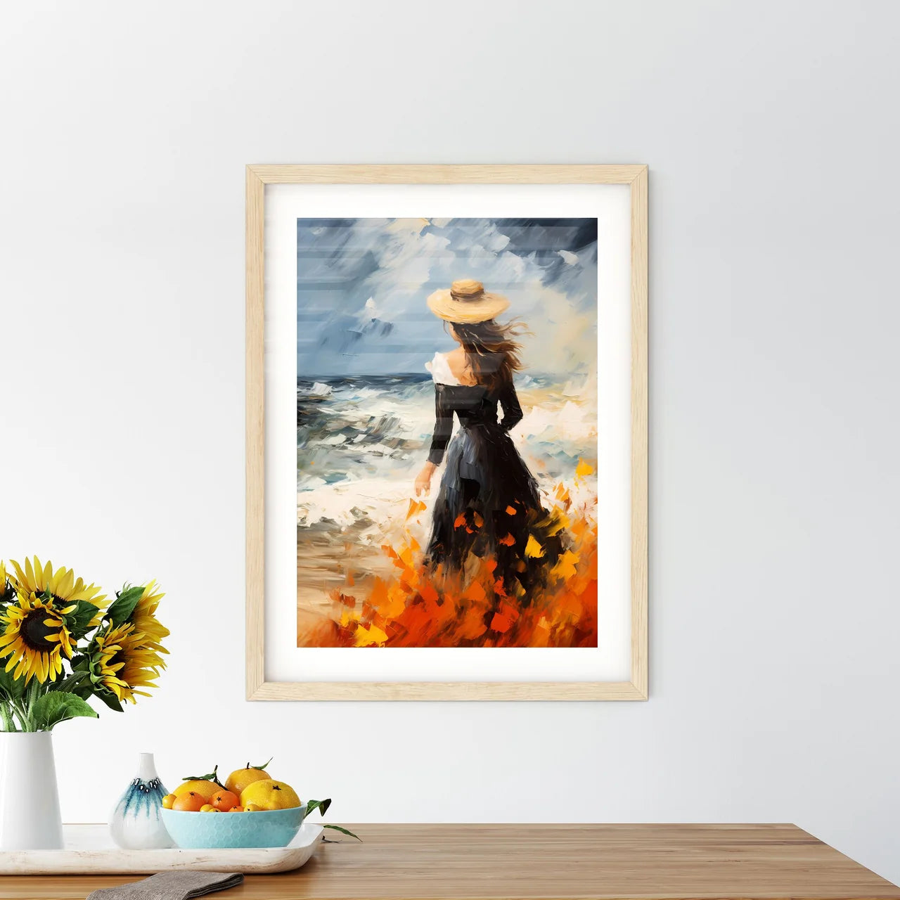 A Woman In A Black Dress And Hat Walking On  - Kitchen Hangings
